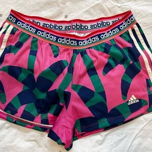 Adidas Women's Vibrant Pink and Green Athletic Shorts